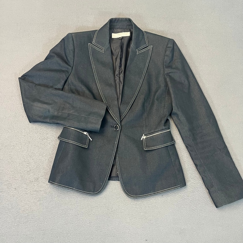 Tahari Arthur S Levine Black Contrast Stitch Zipper Pocket Blazer Jacket‎ Size 2